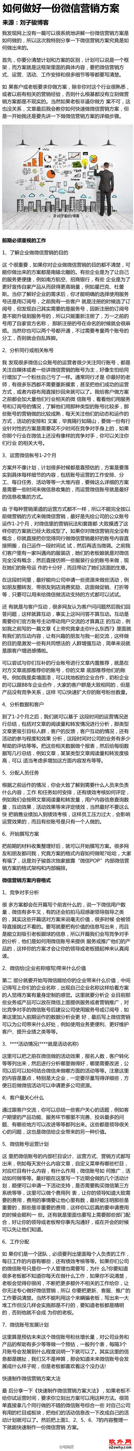 如何做好一份微信营销方案  前期必须重视的工作：  第一、了解企业做微信营销的目的；  第二、分析同行或相 ...